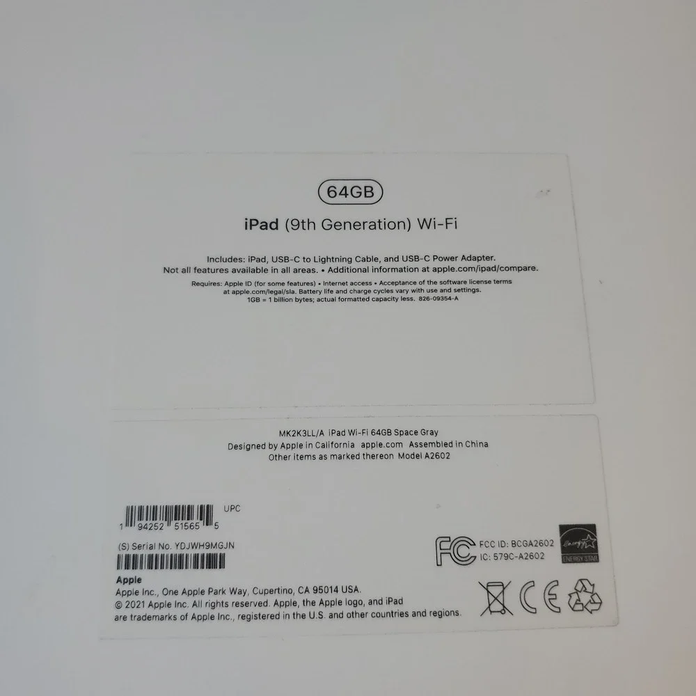 EMPTY BOX ONLY - iPad 9th Generation A2602 Wi-Fi 64GB 10.2 Space Gray MK2K3LL/A
